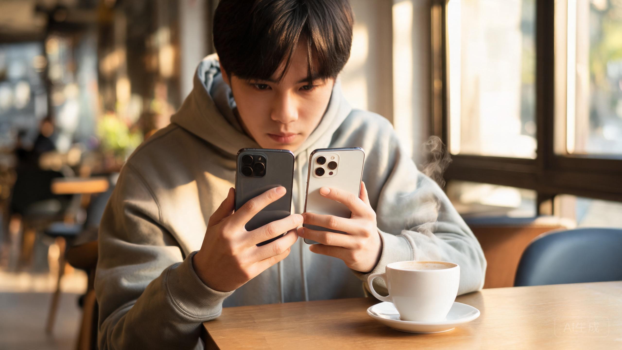 A person comparing two affordable smartphones at a cafe table