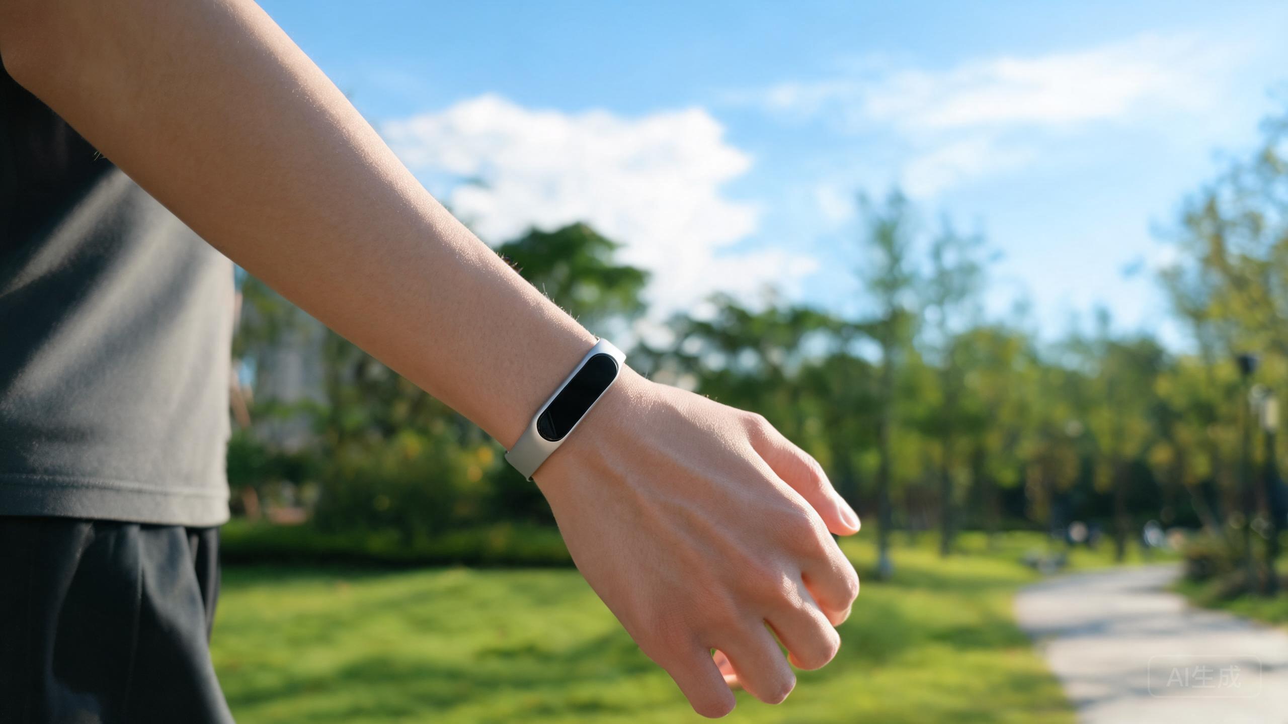 A slim fitness band worn on a wrist during a walk