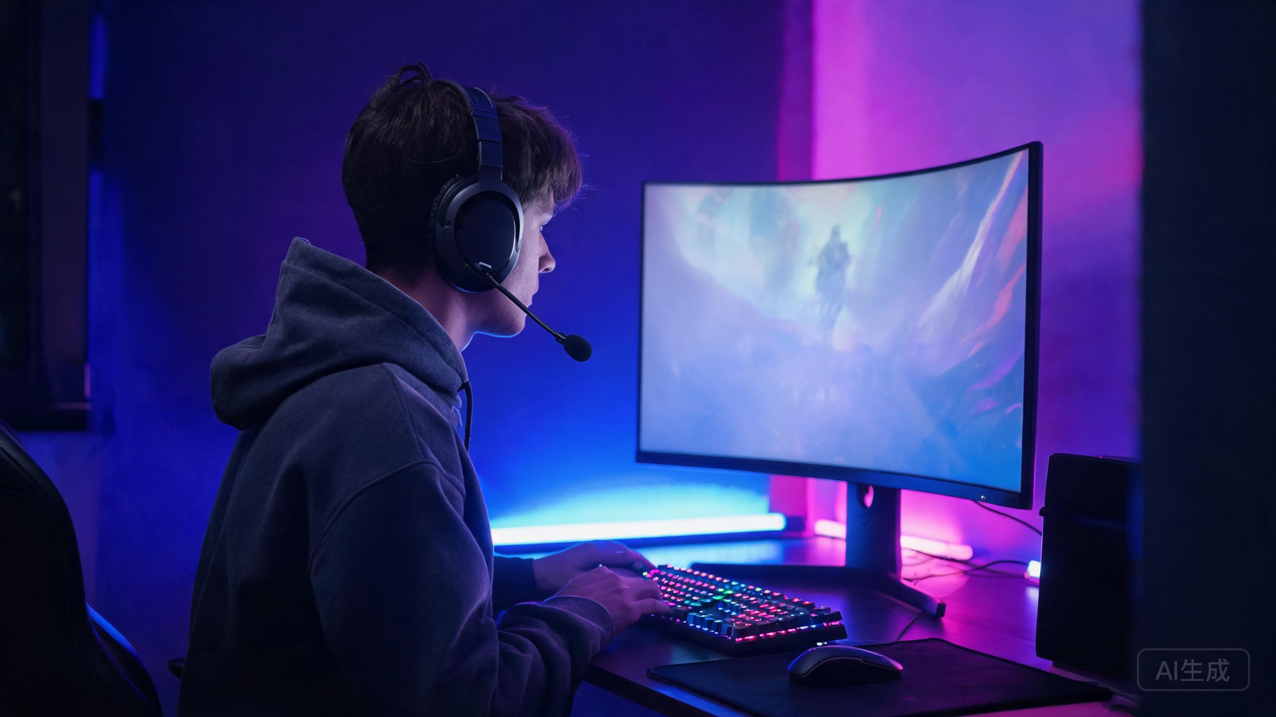 A gamer wearing a headset with microphone at a desk setup