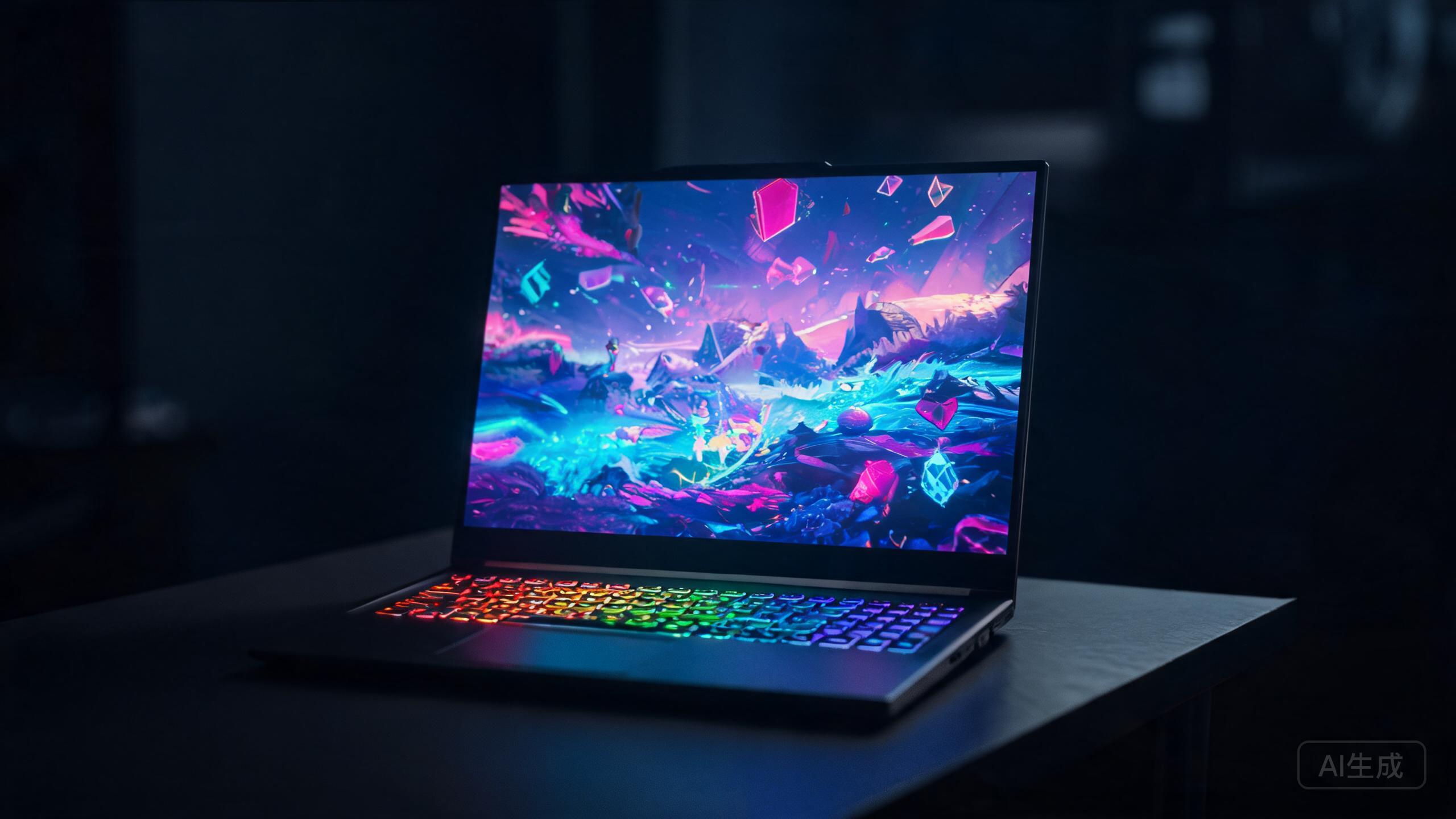 A gaming laptop with a colorful RGB keyboard glowing in the dark