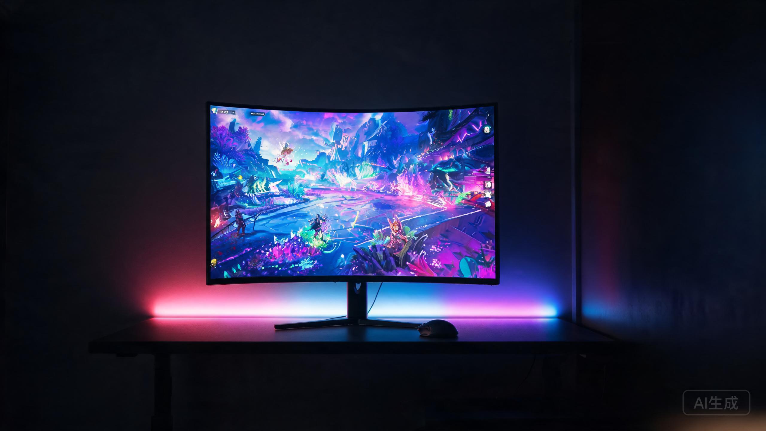 A curved gaming monitor on a desk showing a vibrant game scene
