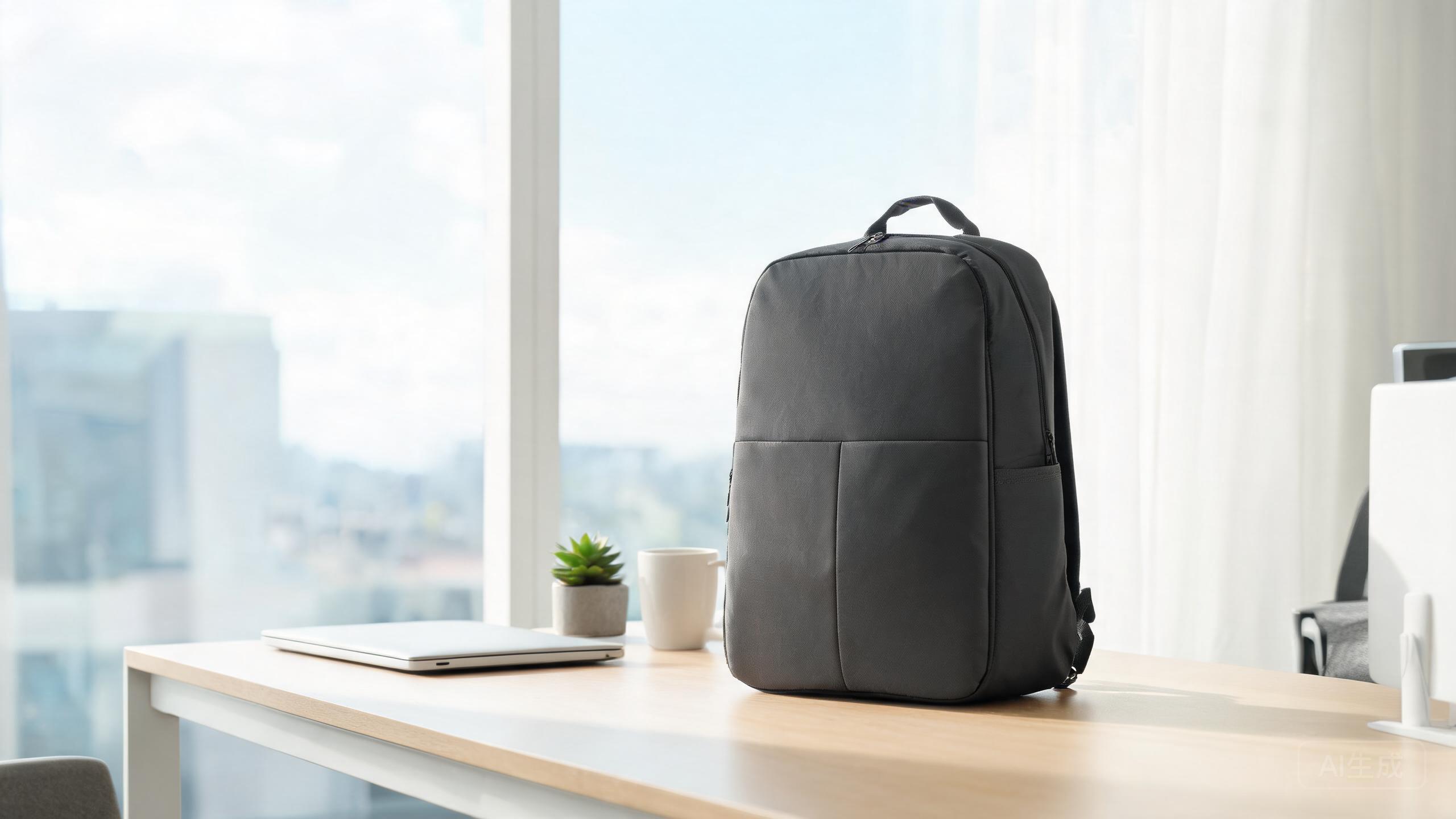 A stylish laptop backpack placed on an office desk by a window