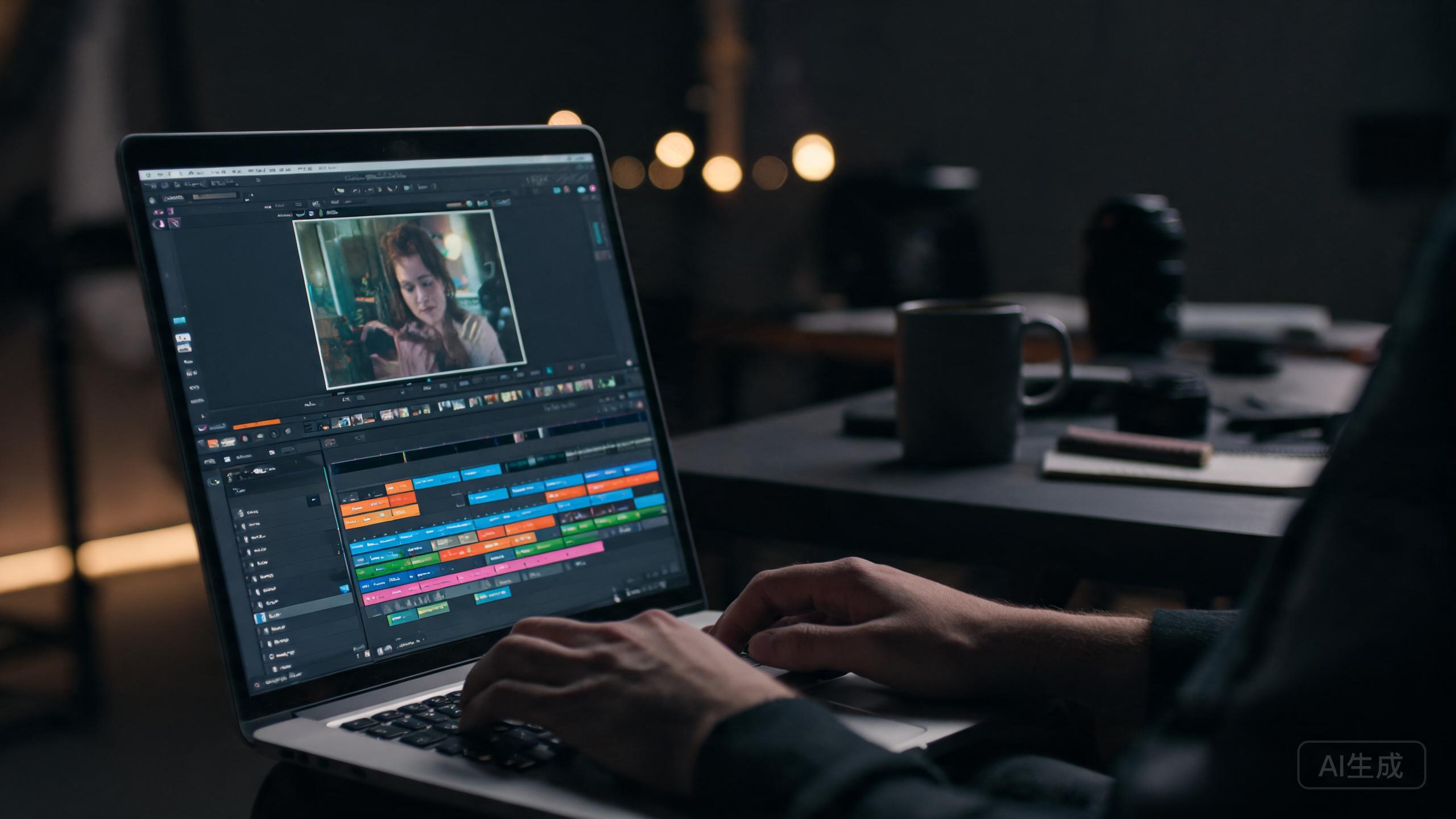 A laptop with a video editing timeline on screen in a dim room