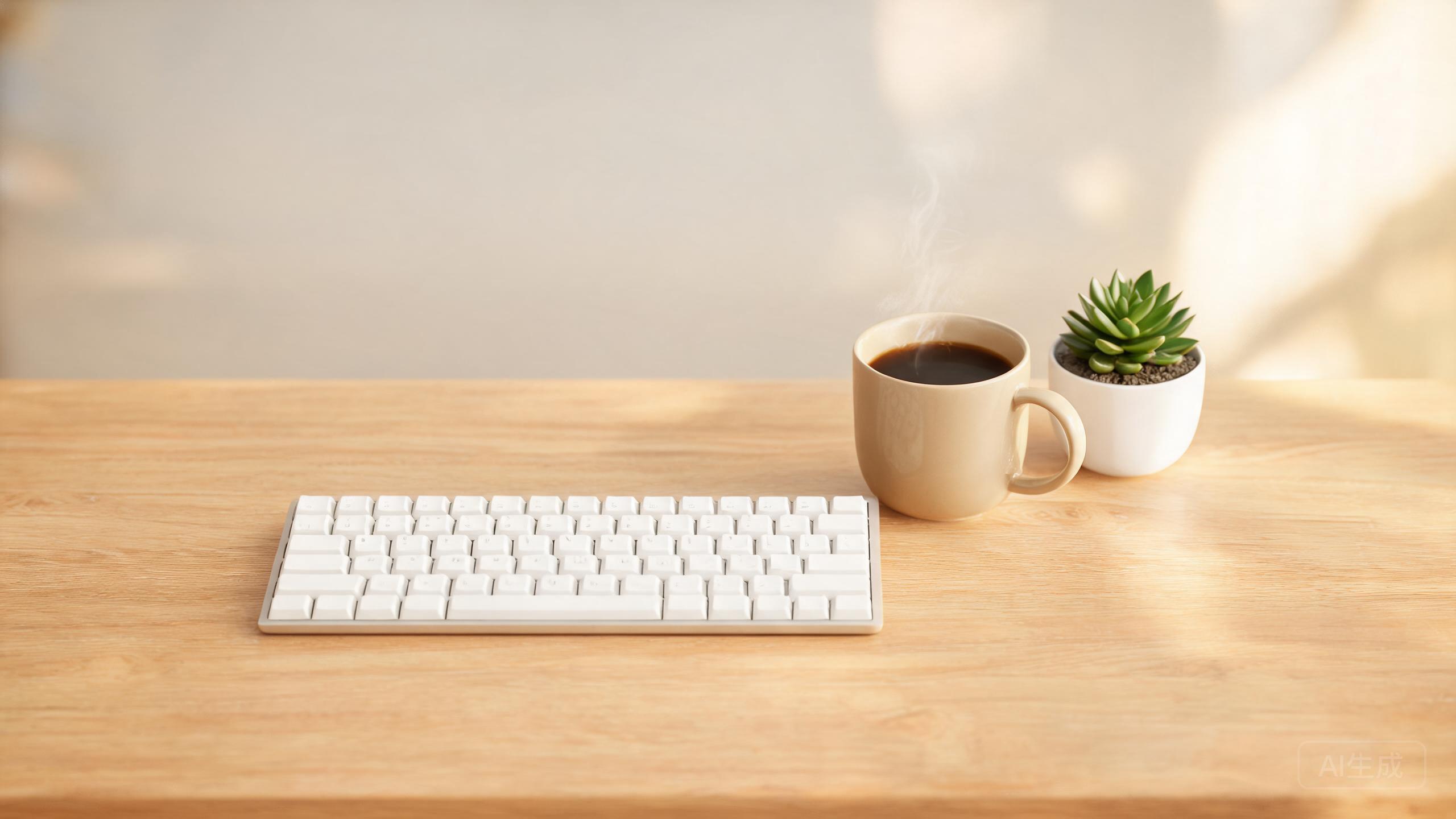 A compact mechanical keyboard on a tidy desk with a cup of coffee