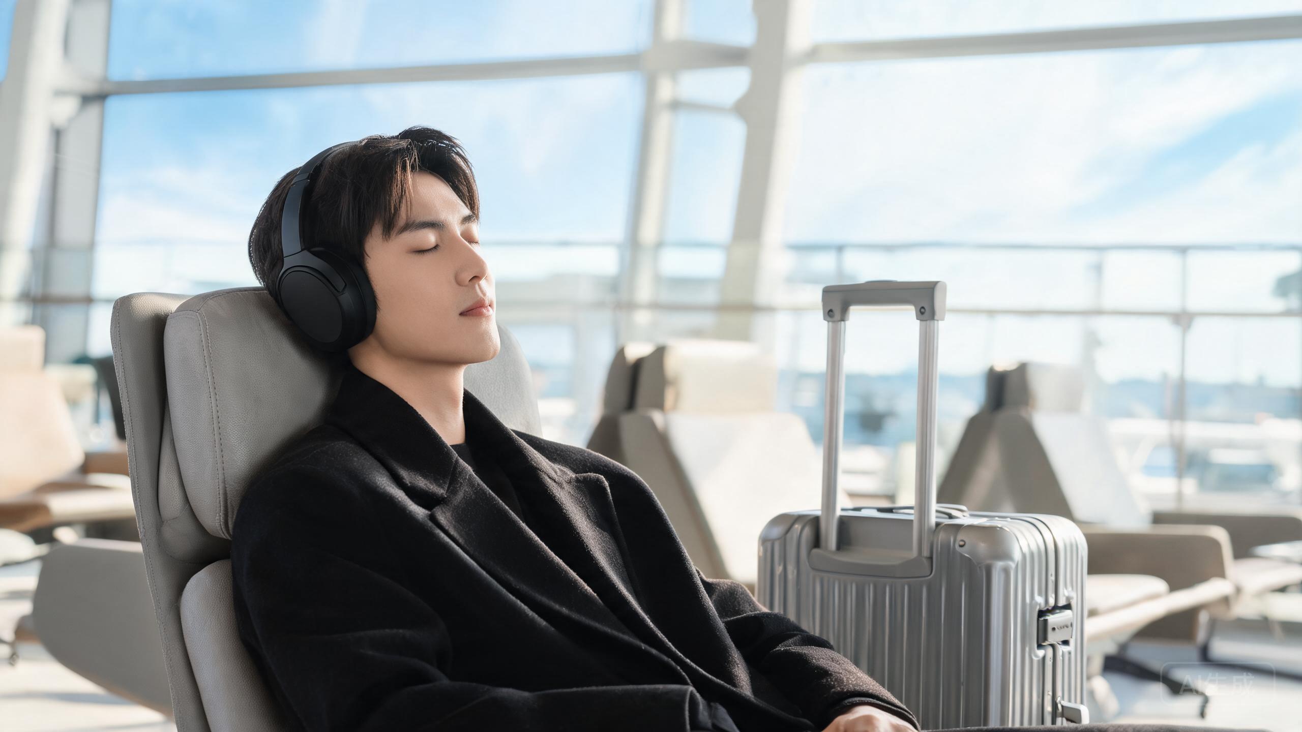 A person wearing over-ear headphones relaxing in a busy airport lounge