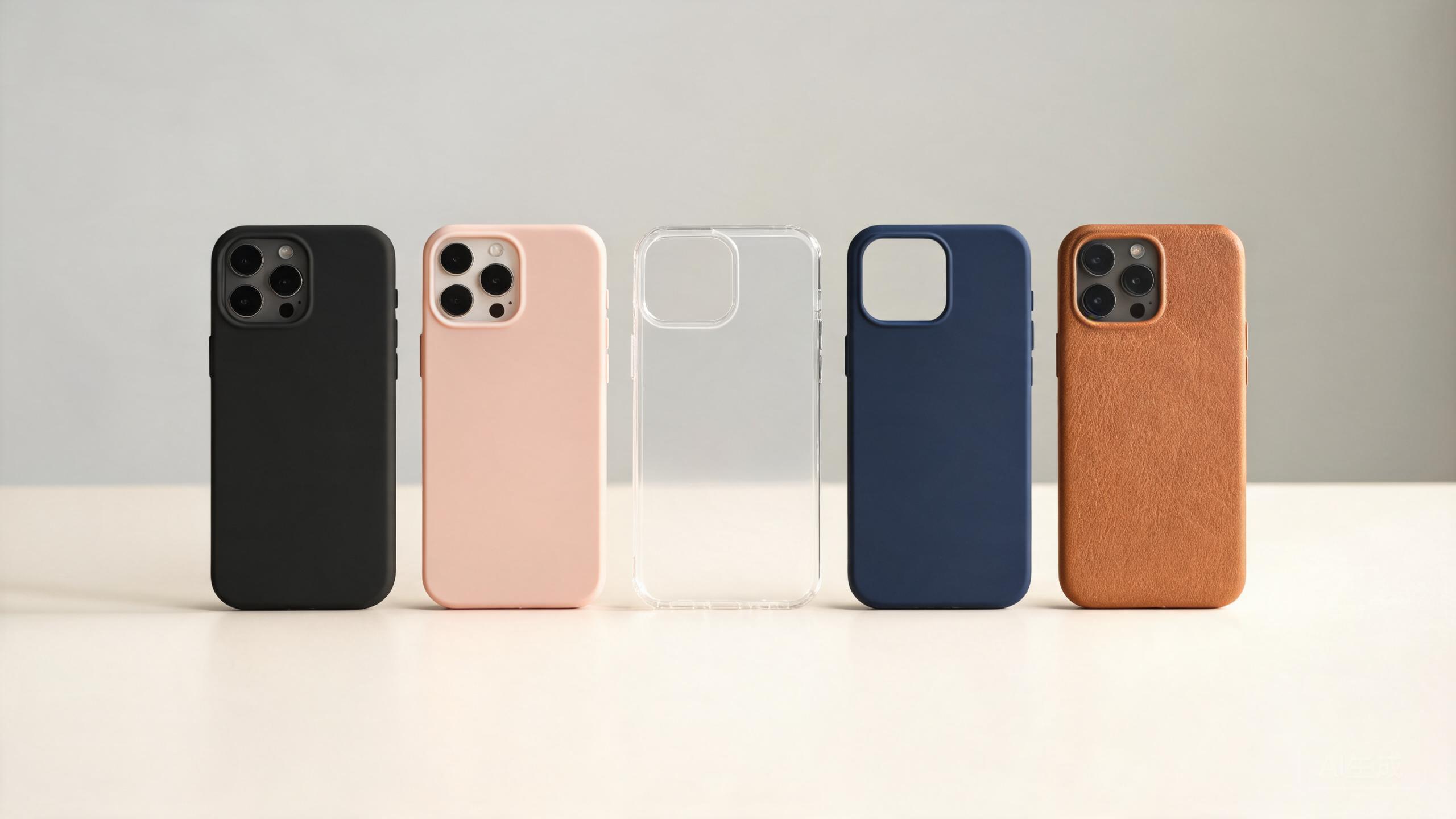 Several phone cases in different colors arranged on a table