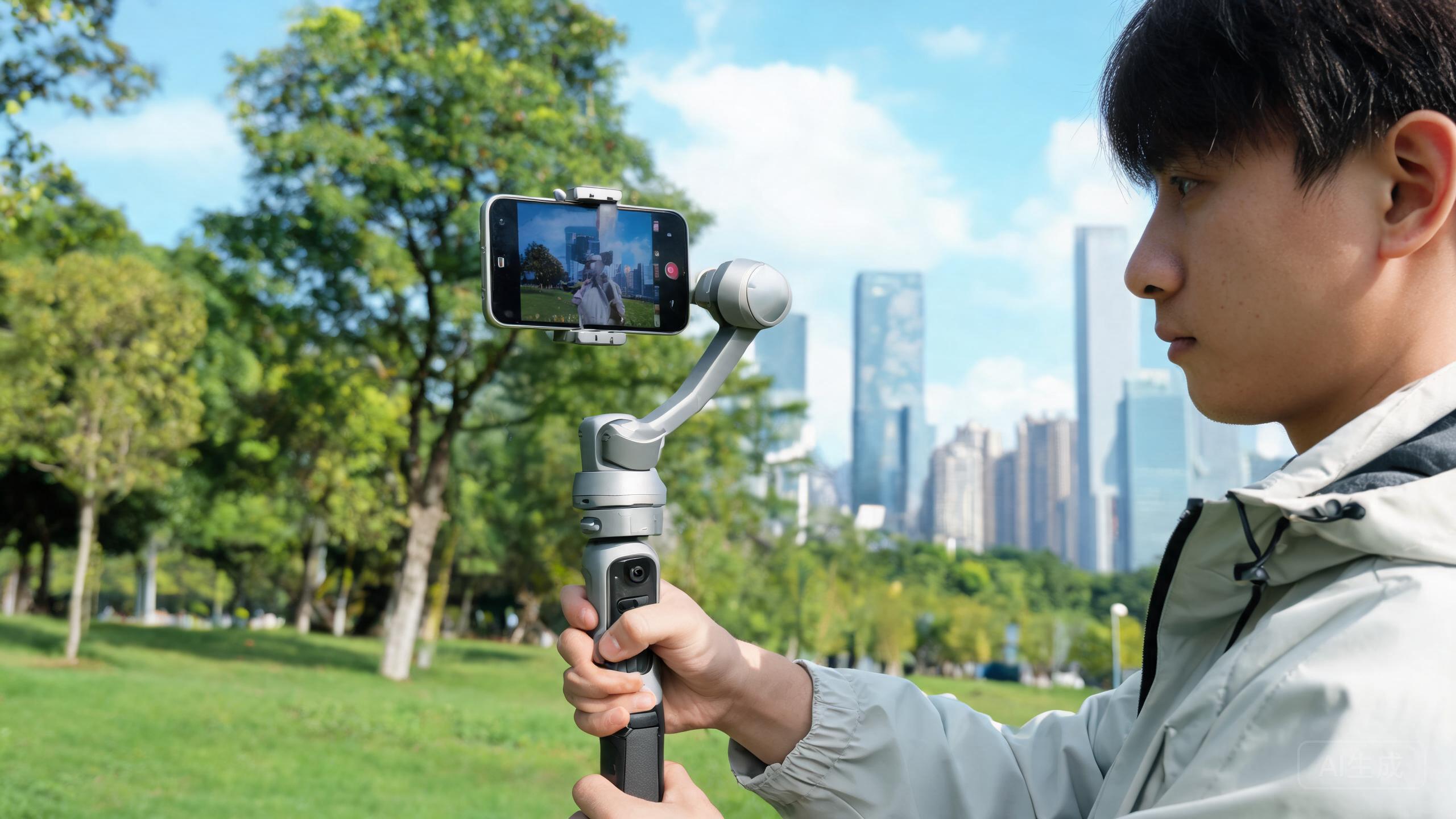 A smartphone held in a handheld gimbal stabilizer outdoors