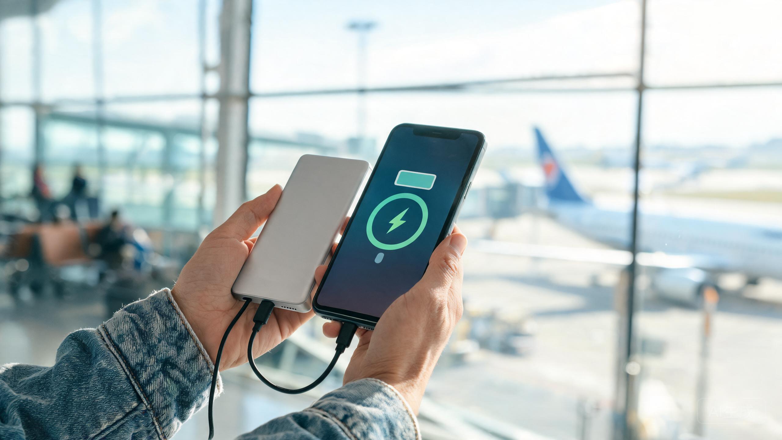 A slim power bank charging a phone in a traveler's hand at an airport