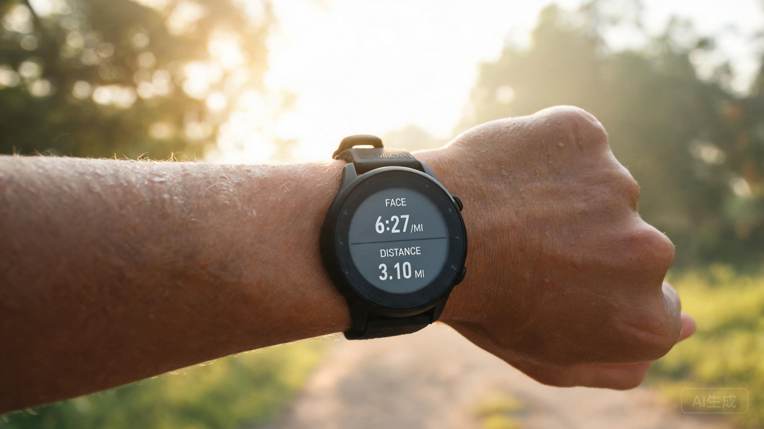 A close-up of a running watch showing pace and distance on a trail