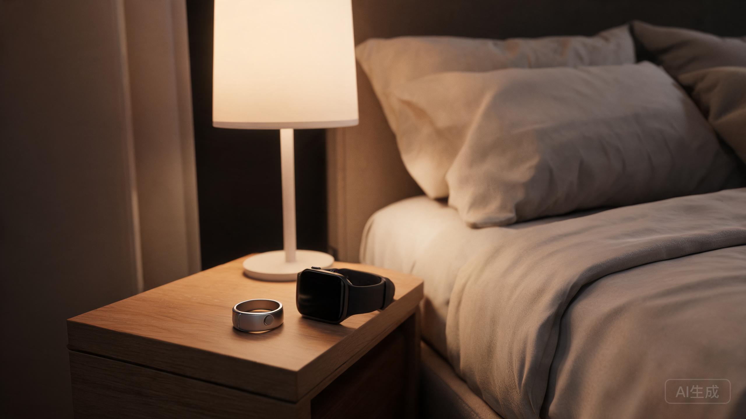 A smart ring and a smartwatch resting on a nightstand near a bed