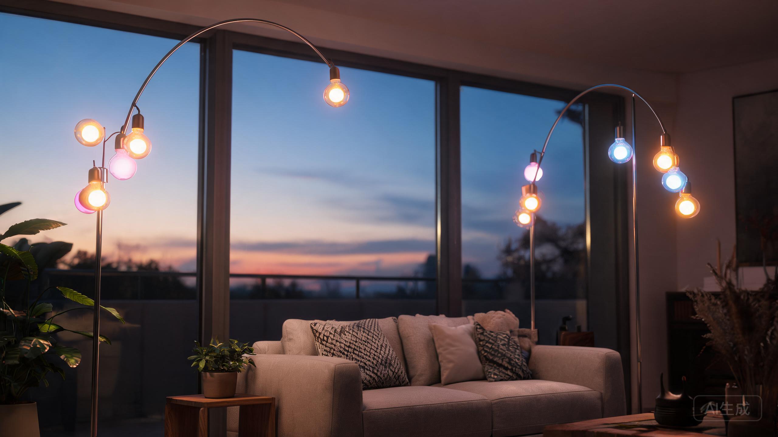 Colorful smart bulbs glowing in floor lamps in a living room