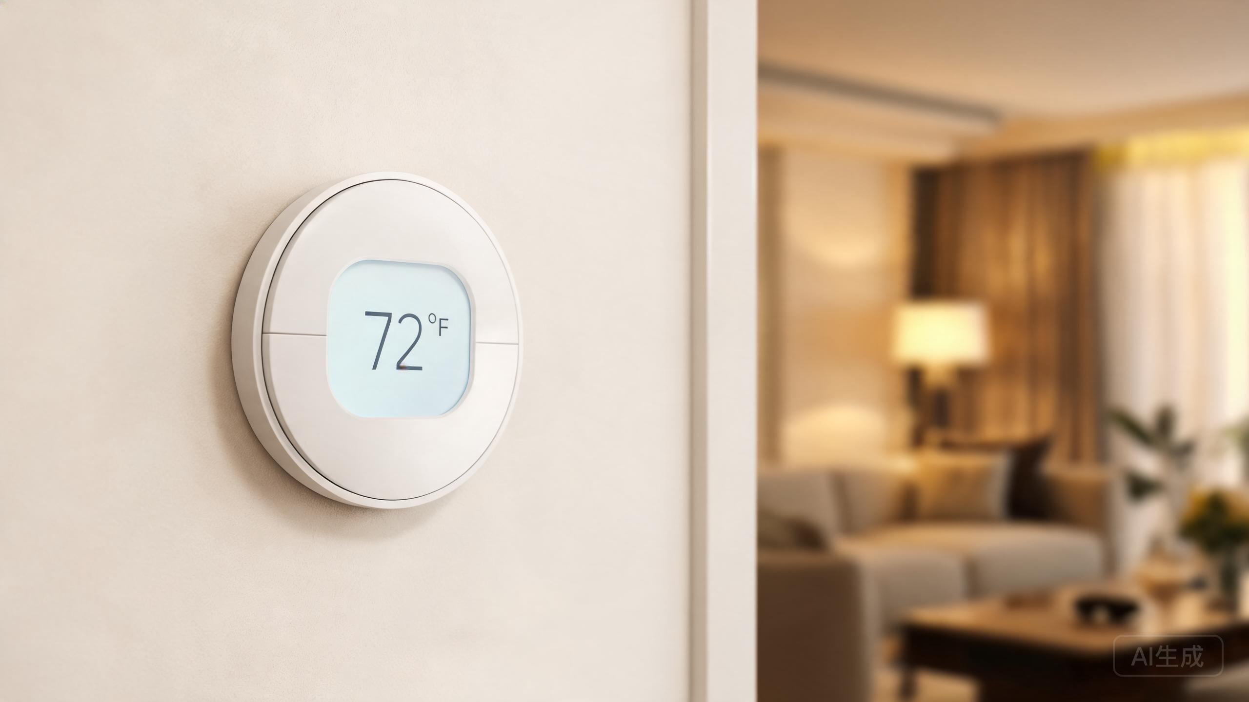 A smart thermostat mounted on a wall with a temperature display
