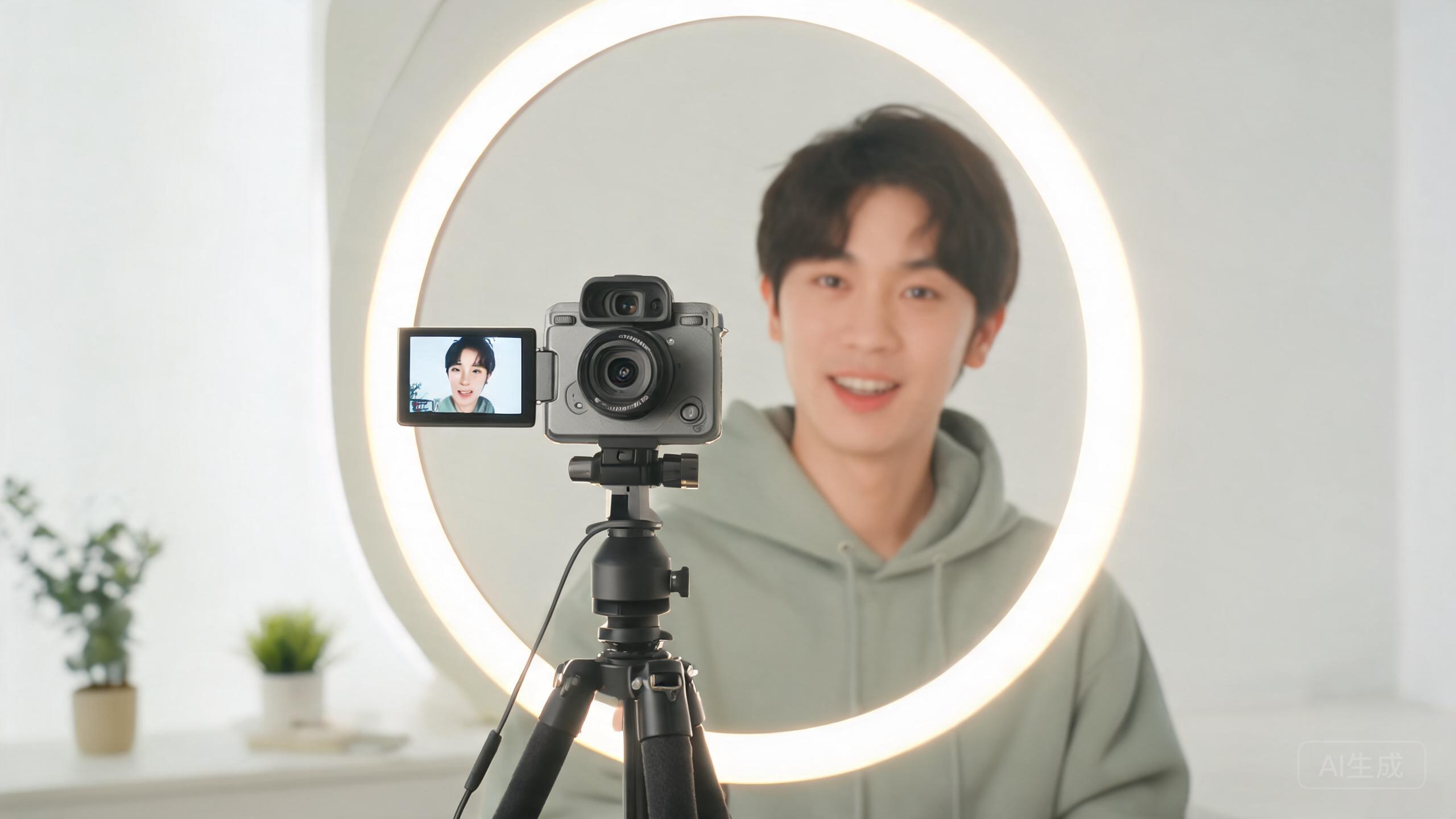 A creator filming themselves with a camera on a tripod with a flip screen