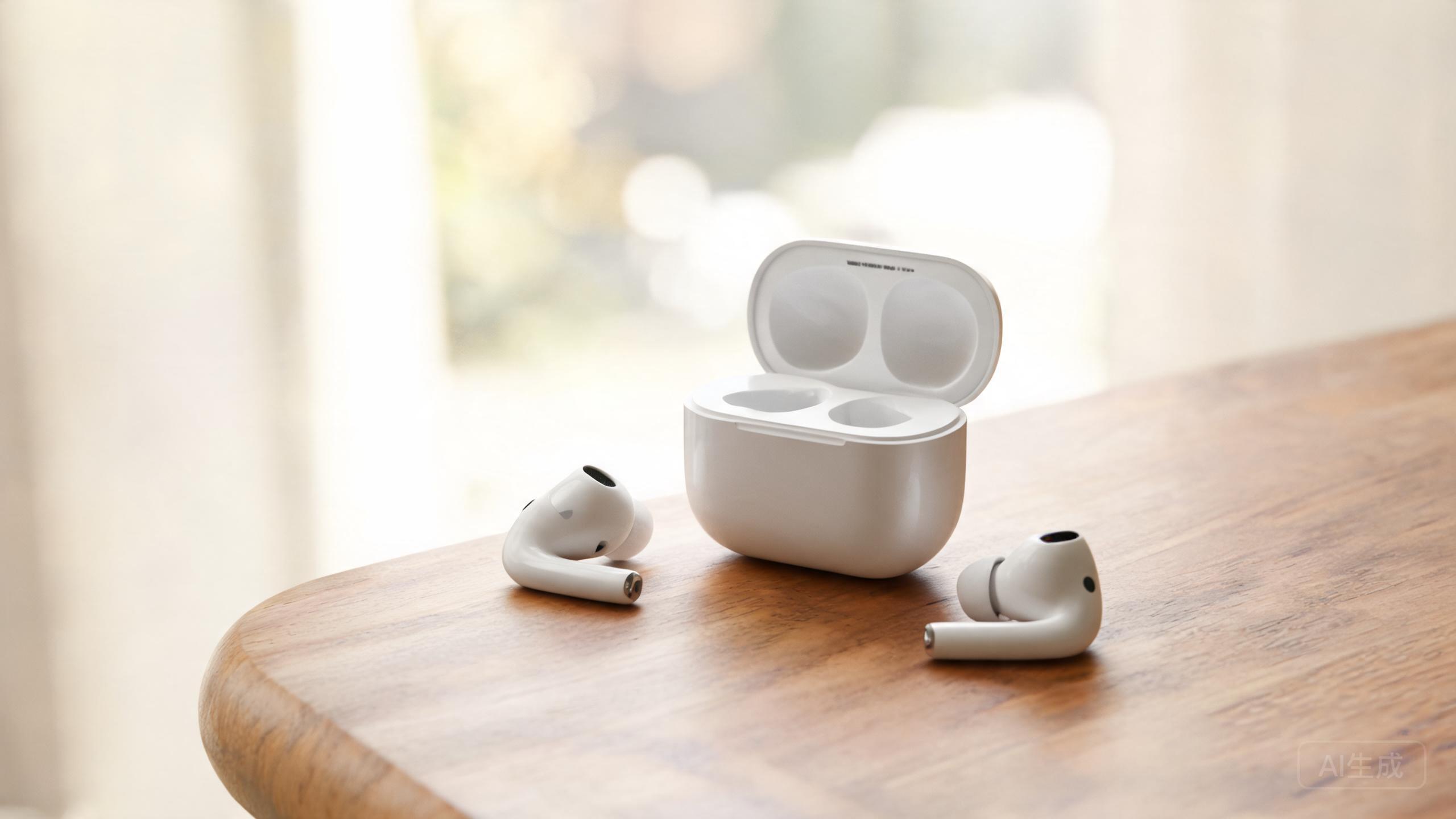 A small pair of wireless earbuds next to their charging case on a table