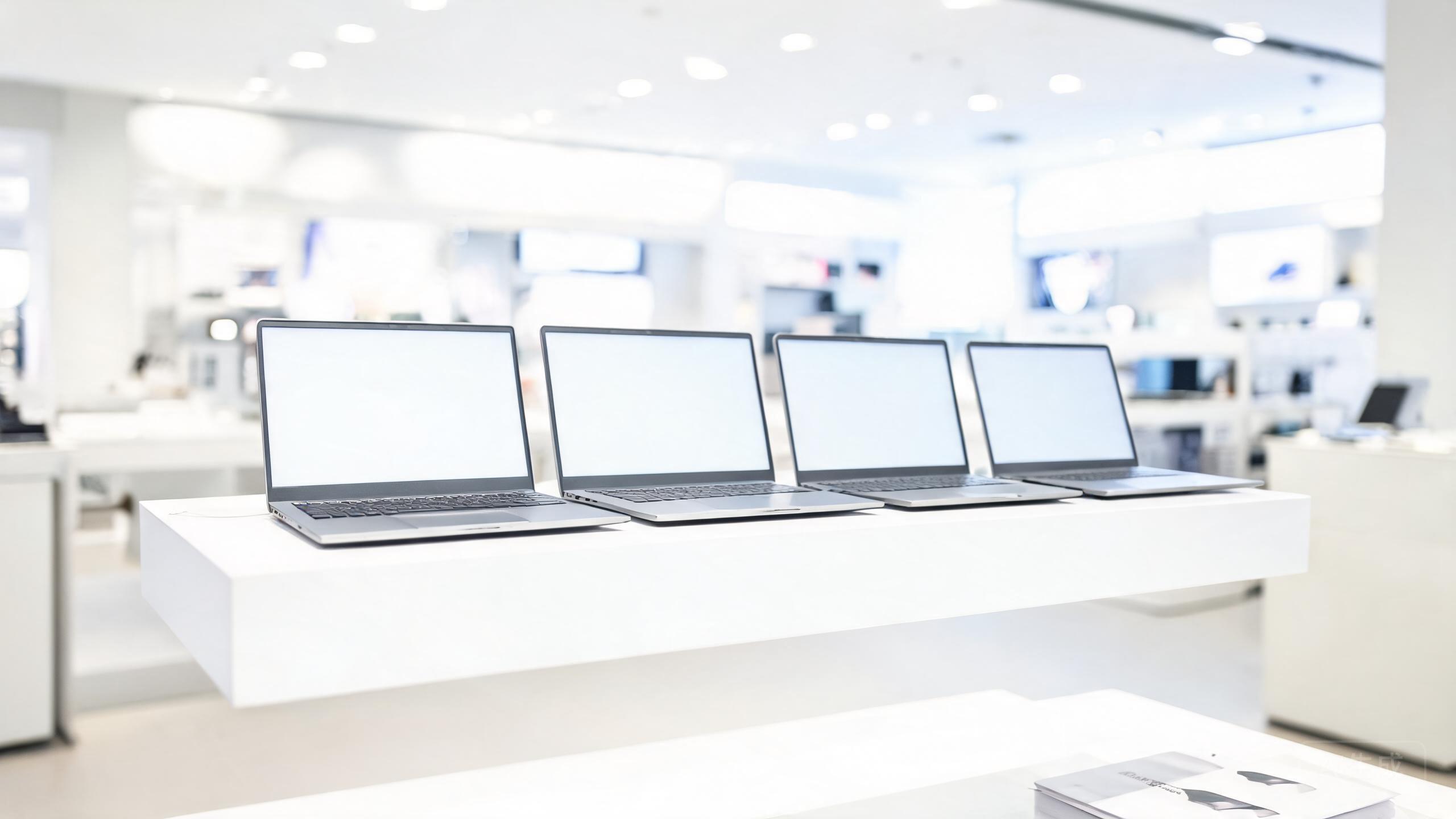 Several laptops lined up on a shelf in a electronics store