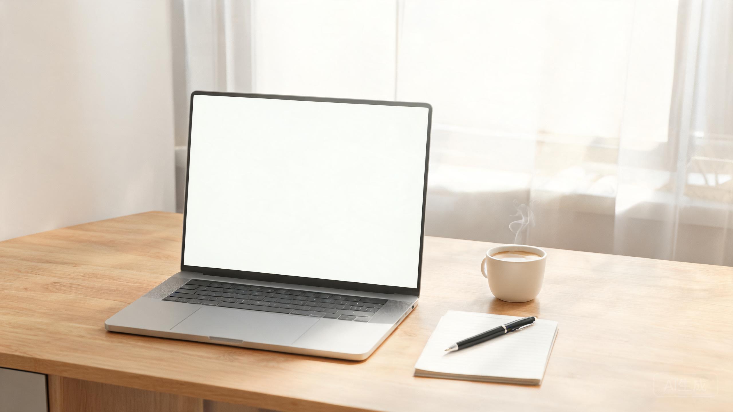 A thin laptop on a desk next to a cup of coffee in bright light