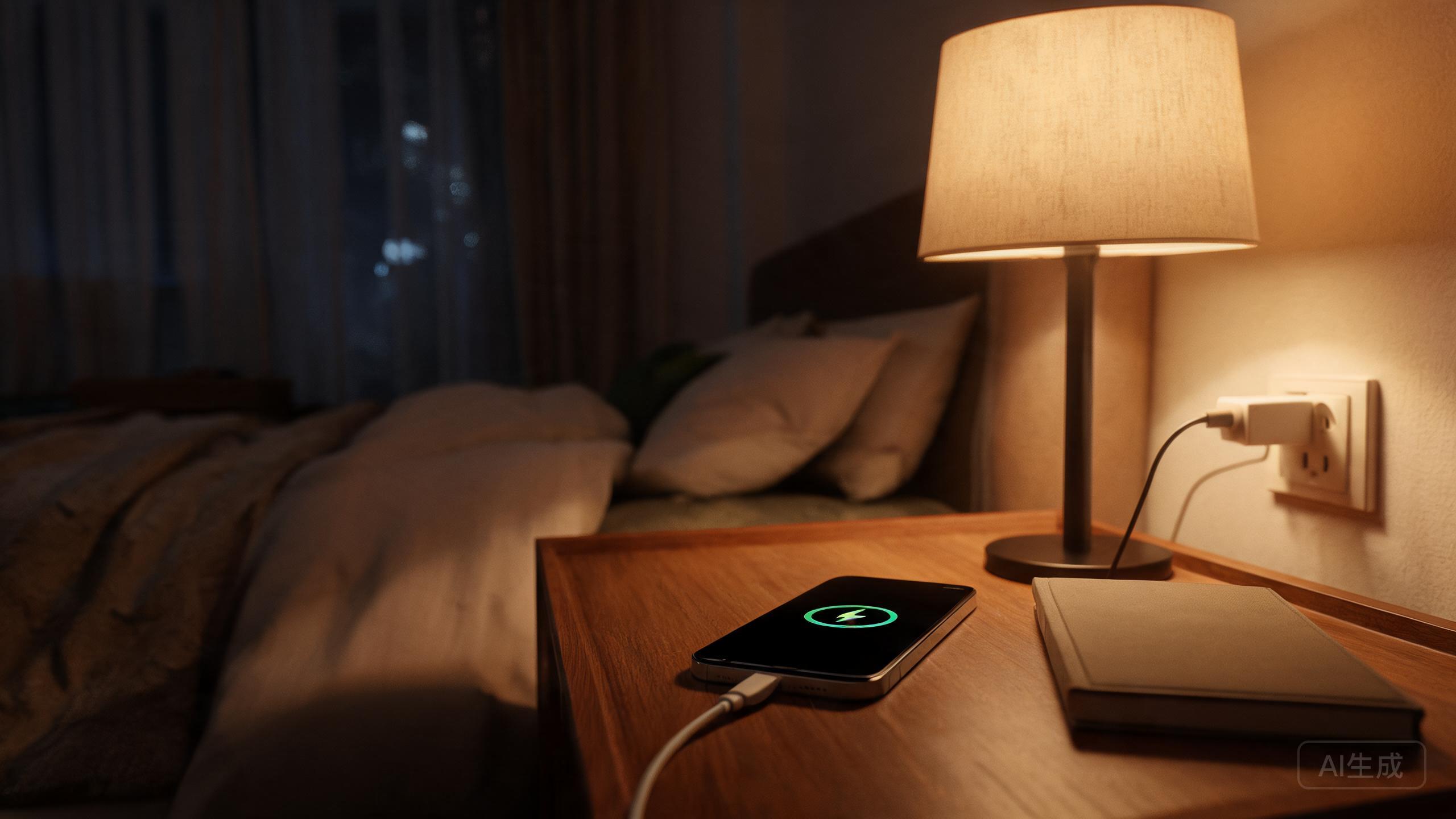 A phone charging on a bedside table next to a lamp in the evening